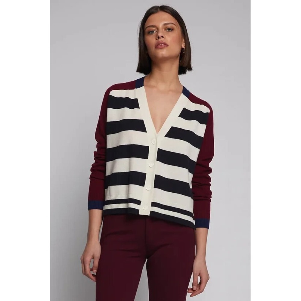 Women's Vilagallo Alina Bordeaux Striped Kitted Cardigan Sweater  V Neck Wool XS
